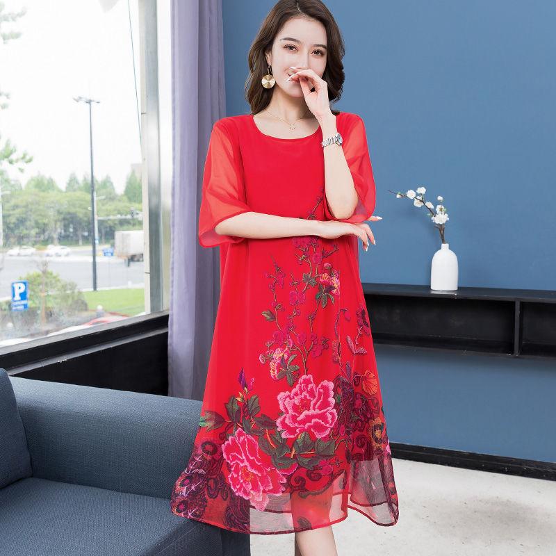 XL-XXXXXXL Women's Summer Dress Middle-aged Mother Chiffon Veil Short Sleeve Round Neck Large Size Over The Knee Daily Wear