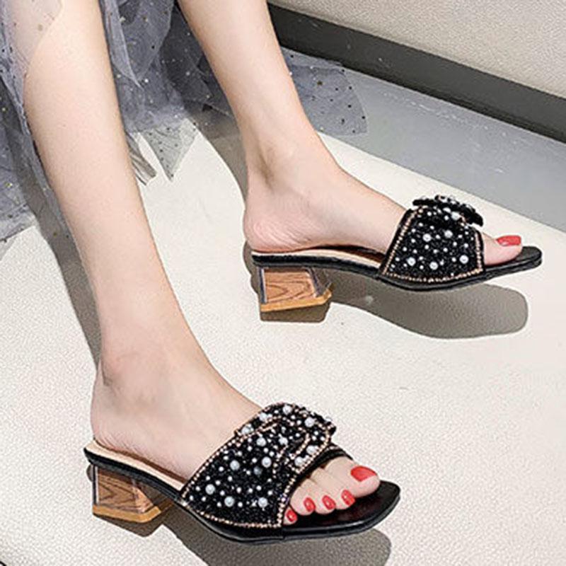 Plus Size 34-41 Women All-match Shiny Slippers Outdoor Diamond High Heels Bohemian Beach Wear-resistant Non-slip Slippers Pearl Sandals