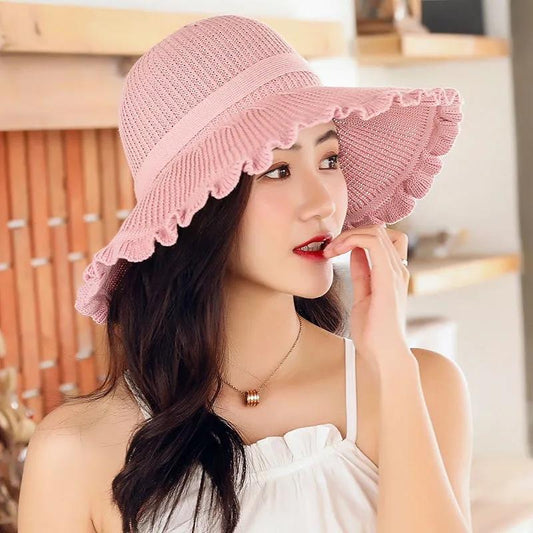 Women's Summer Knitted Cotton Bow Sun Hat Outdoor Leisure Sunscreen Cap Anti-UV Protective Hat Basin Hat All-match Fisherman Hat