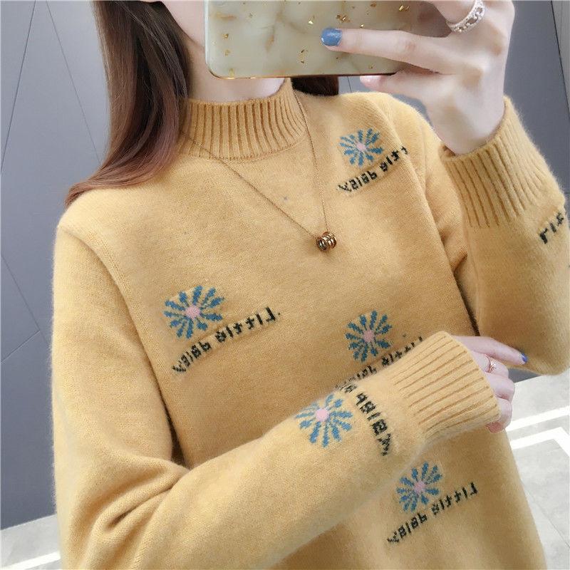 Autumn and Winter Half High Neck Pullover Sweater Loose Jacquard Simple Bottoming Shirt Thick Knitted Women Sweater