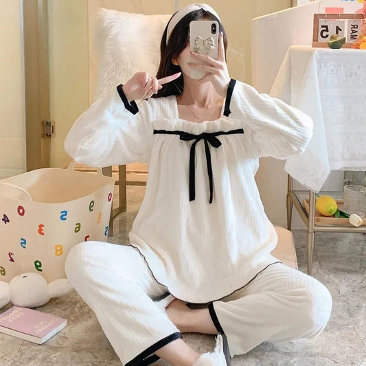 Women's Autumn Winter Coral Fleece Pajamas Set Cute Bow Square Collar Thickened Flannel Homewear Suit Loose Striped Pyjamas Pants Two-piece Set