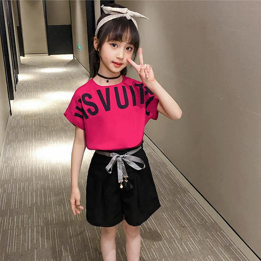 Girls' Children's Printed Letter Short Sleeve Suit Summer Girls' Korean Students' Shorts Two Pieces Set