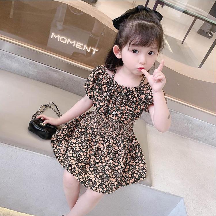 Children Dress Spring Summer Girls' Sling Dress Floral Skirt Short Sleeve Girdle Broken Flower Princess Skirt