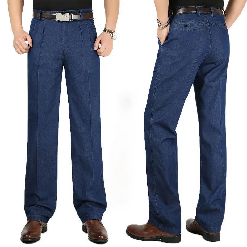 Thin Jeans Middle-aged and Elderly Trousers Men's High Waist Large Size Trousers Loose Straight-leg Pants