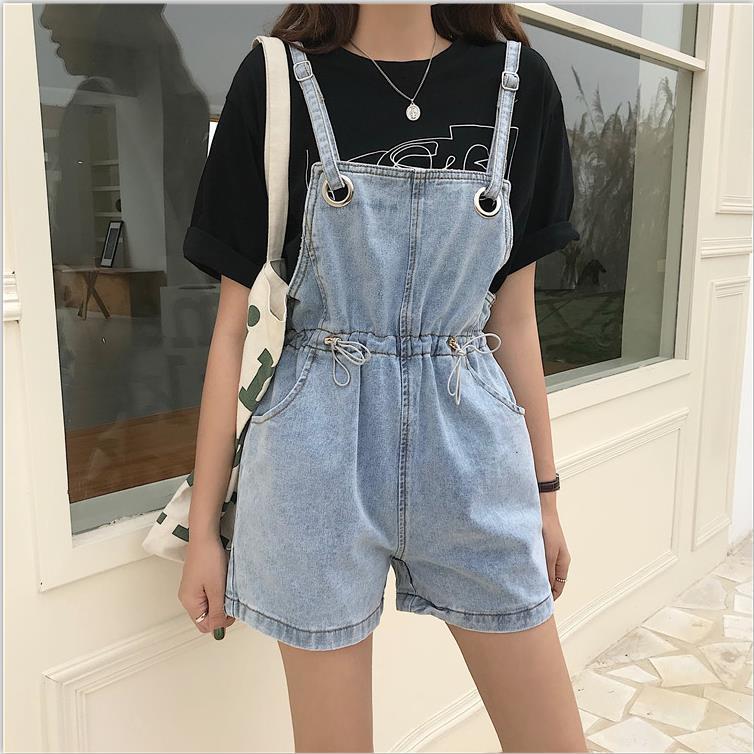 T-shirt Overalls Suits Women T-shirt  Elastic Waist Strap Denim Shorts Two Piece Short Set