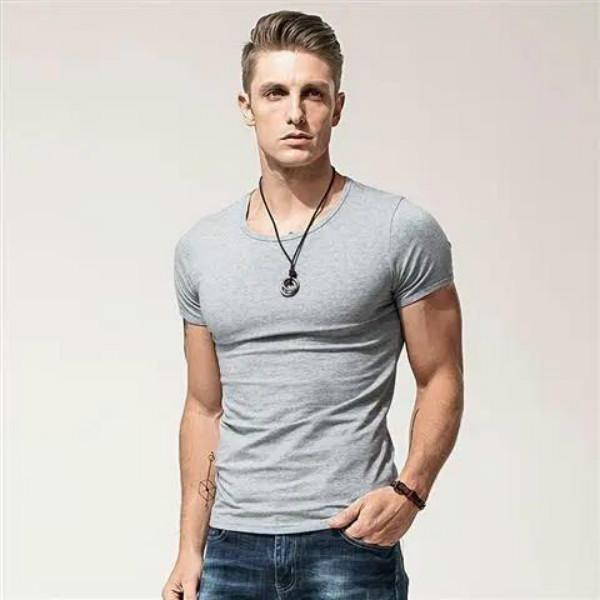 Men's Slim T-shirt Short-sleeved Sports Stretch Solid Color Round Neck Bottoming Shirt Fitness Half-sleeved Top Summer Tide