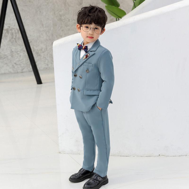 Flower Boys Formal Dress Suit Set Autumn Children Plaid Double Breasted Blazer Pants 2Pcs Clothes Set Kids Wedding Party Costume