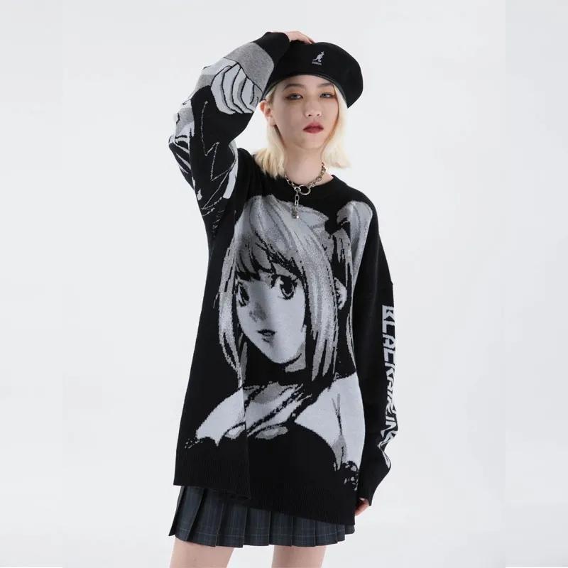 Women Hip Hop Streetwear Harajuku Sweater Vintage Retro Japanese Style Anime Girl Knitted Sweater Autumn Winter Cotton Pullover O Neck Loose Jumper