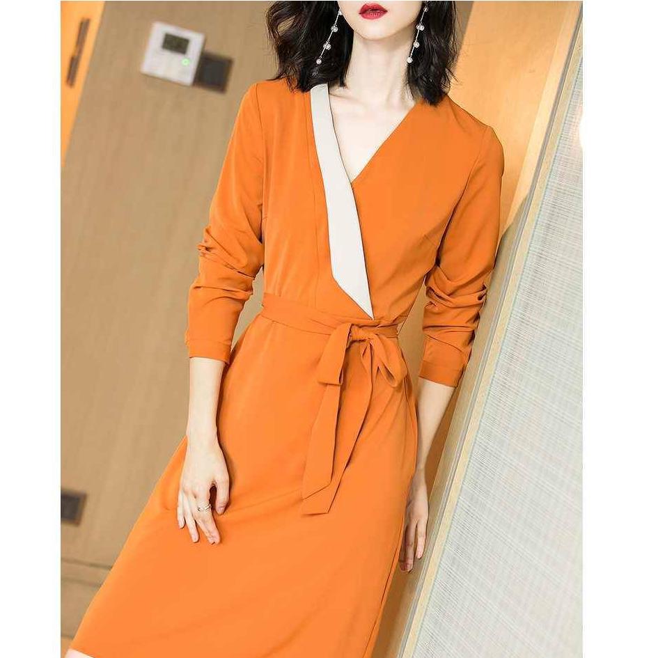 Autumn Dress Slim V-neck Short Women's Temperament Waistband Stitching Long-sleeved Dress