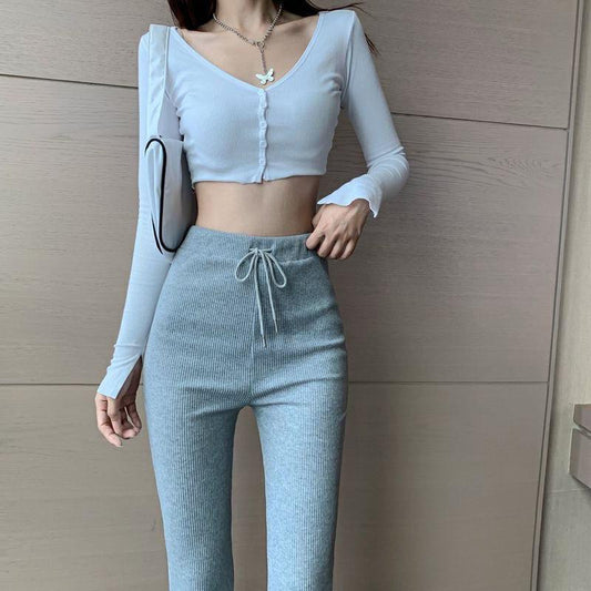 Bell Trousers Spring and Autumn Korean Women's High-waist Drape Drawstring Casual Pants Slimming Pants