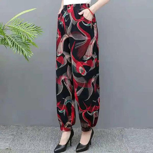 XL-XXXXXL Women's Spring Wide Leg Pants Summer Plus Size Printed Bloomers Autumn Ice Silk High Waist Mosquito Proof Loose Trousers