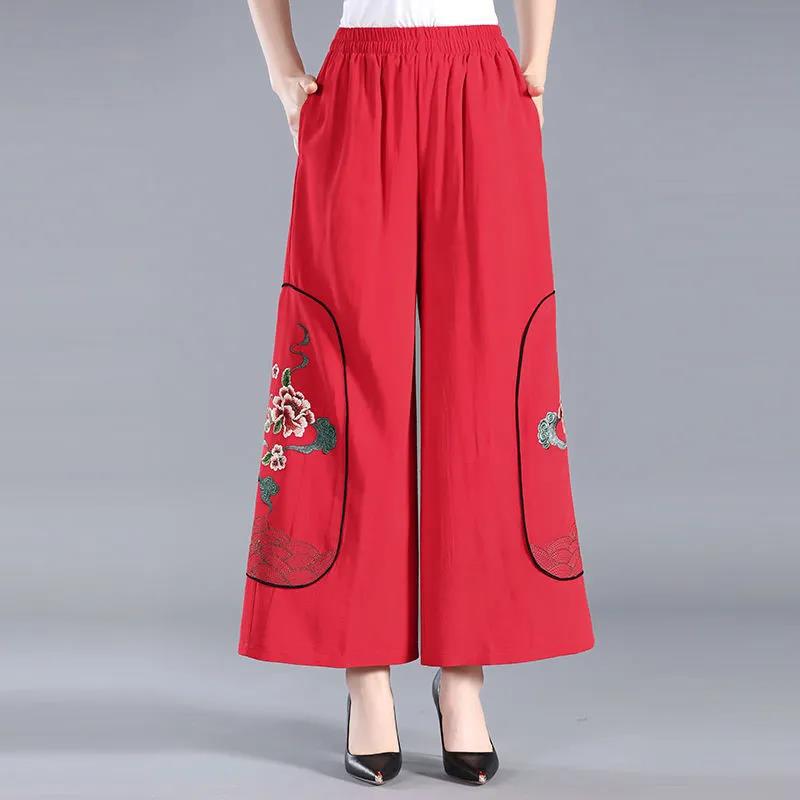 WTEMPO Embroidery Pants Women Ethnic Style Loose Elastic Waist Solid Color Casual Trousers XL-XXXXL