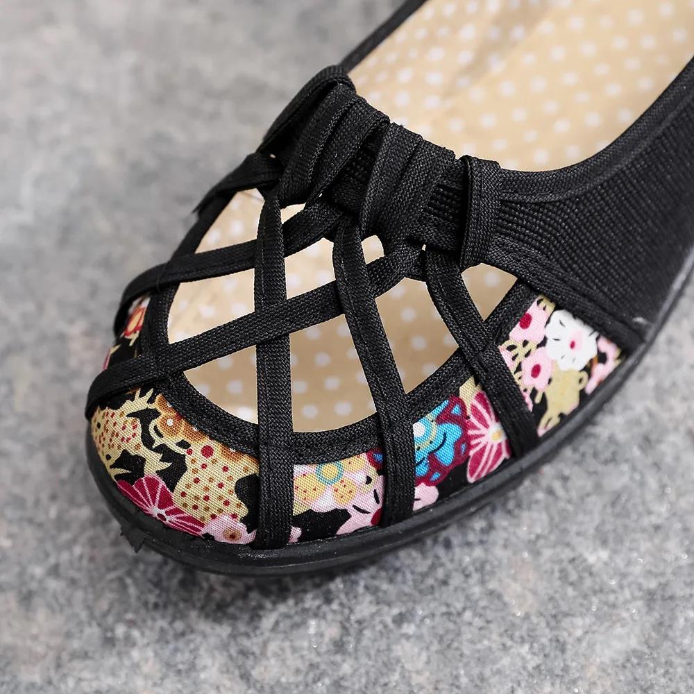 Spring Summer Cloth Shoes Women's Hollow Non-slip Soft Bottom Single Shoes Large Size Printing Flat Slip-on Sandals