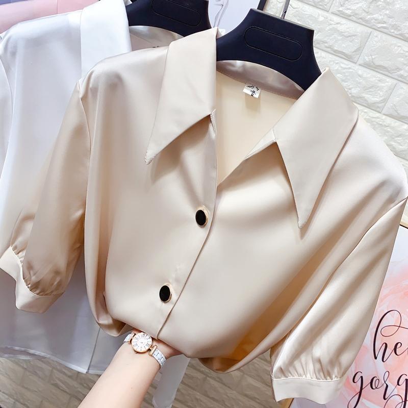 Thin Ladies Shirt Design Niche Sense of Spring and Summer Girly Mid-sleeve Chiffon Top Work Shirt Fabric Light and Breathable Elegant Temperament