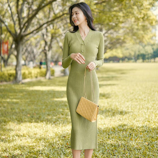 Autumn and Winter Fashion Padded V-neck Ladies Dress Mid-length Over-the-knee Bag Hip Skirt Bottoming Knit Sweater Skirt