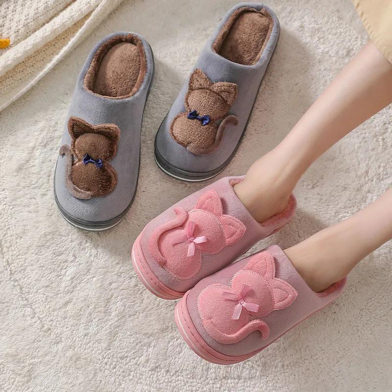 Couples Slippers Cute Cat Women Winter Warm Slippers Home Indoor Non Slip Slide Men Slippers