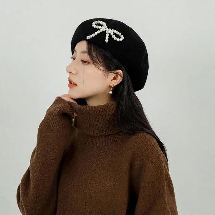 Retro Pearl Bow Beret Hat Women's Spring Autumn Retro Wool Blend Painter Hat All-match Elegant Black Hat