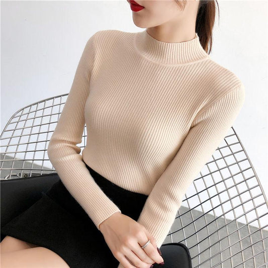 Autumn and Winter Half Turtleneck Sweater Short Knit Bottoming Shirt European and American Style All-match Female Top