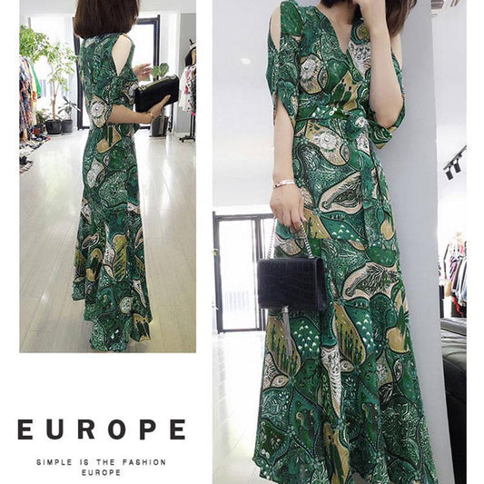 Women Bohemian Floral  Dress Off Shoulder V-neck Chiffon Dress Party Beach Long Maxi Dress