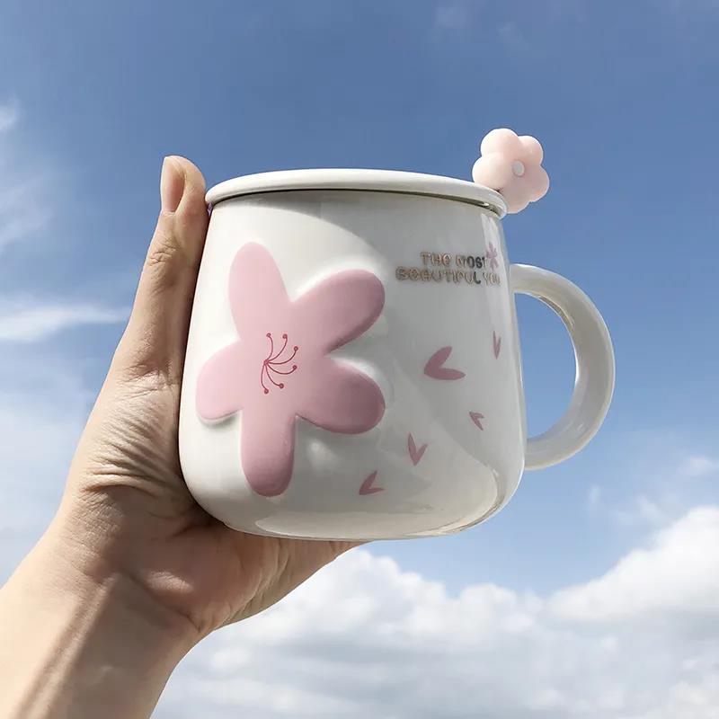 Net Celebrity Ins Cherry Blossom Ceramic Mug with Lid and Spoon Female Student High-value Korean Version of Cute Drinking Cup Home