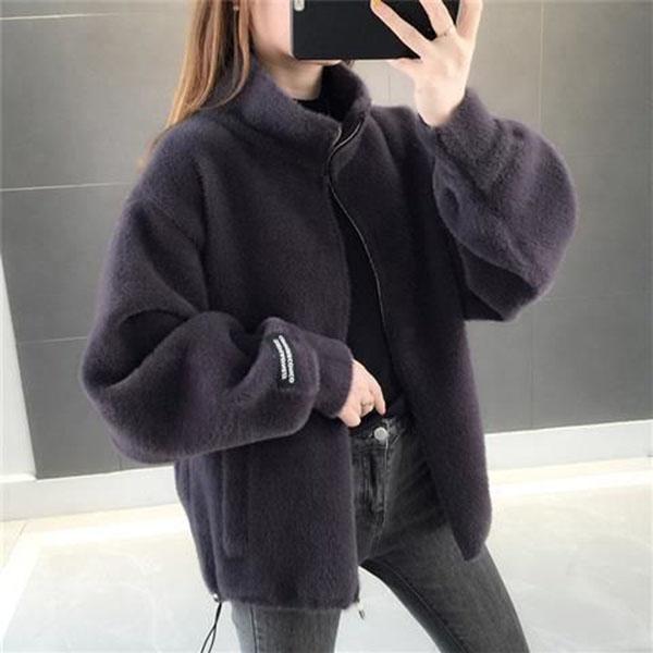 Autumn and Winter Mohair Loose Coat Short Knit Cardigan Tops Solid Color High Neck Women's Coat