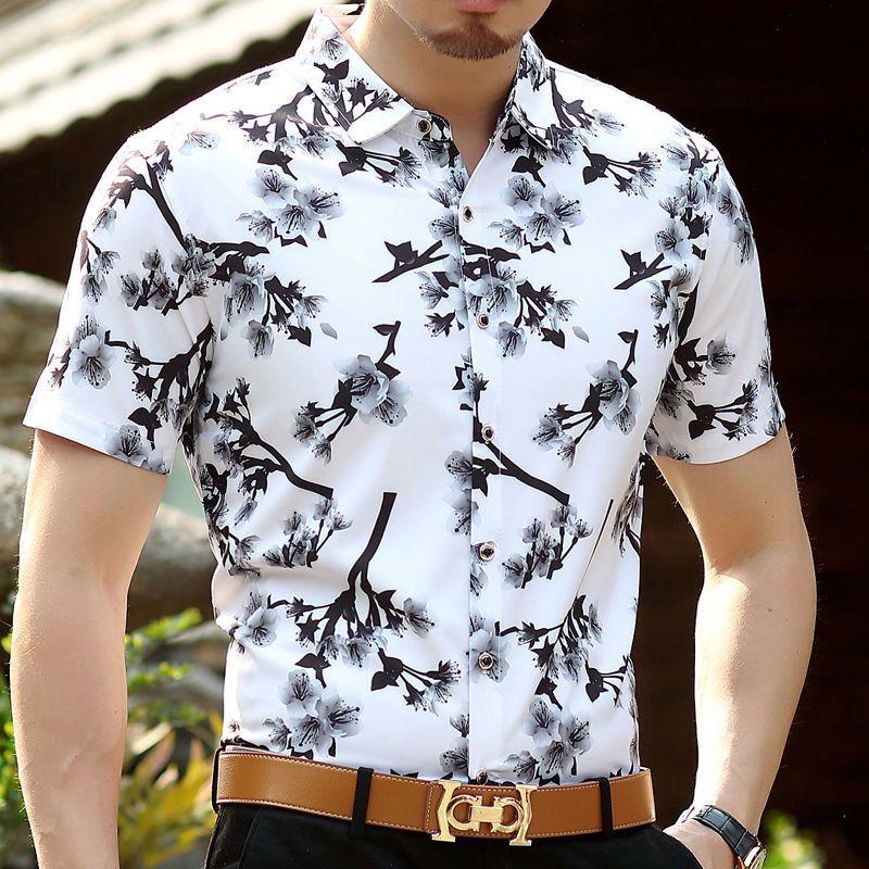 Summer Short-sleeved Flower Shirt Men Middle-aged and Elderly Casual Lapel Thin Ice Silk Shirt Non-iron Shirt Dad Outfit