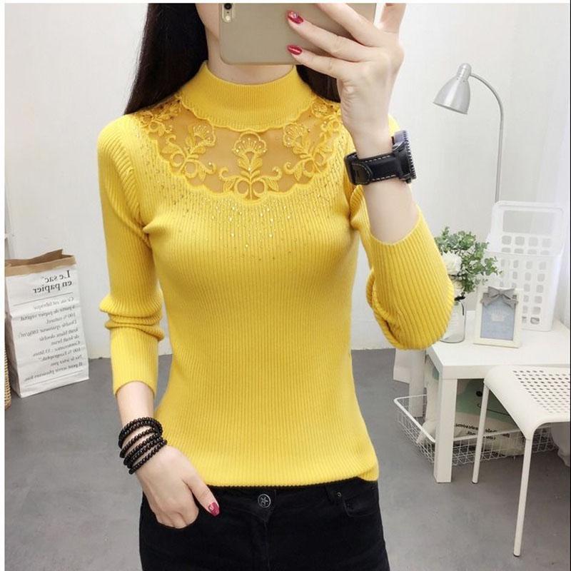 Autumn and Winter Korean Sexy Hollow Diamond-studded Sweater Women's Pullover Sweater Stretch Mesh Embroidery Lace Base Sweater