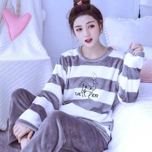 Korean Student Long-sleeved Thickened Flannel Plus Size Home Service Suit Female Winter Coral Fleece Cute Pajamas