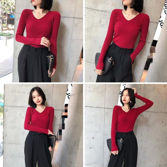 Autumn and Winter V-neck Long-sleeved Slim Warm Bottoming Shirt Tight-fitting Thin Section with Knitted Tops Retro Pullover Slimming Sweater Women