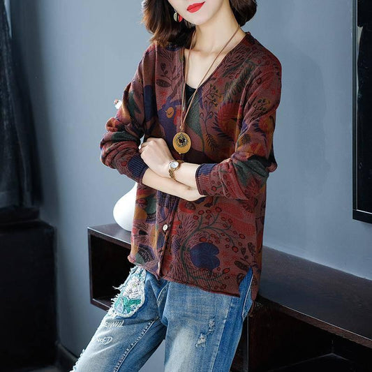 Bohemian Printed Cardigan Sweater Women Loose Large Size Ethnic Style Knitted Jacket Outer Wear