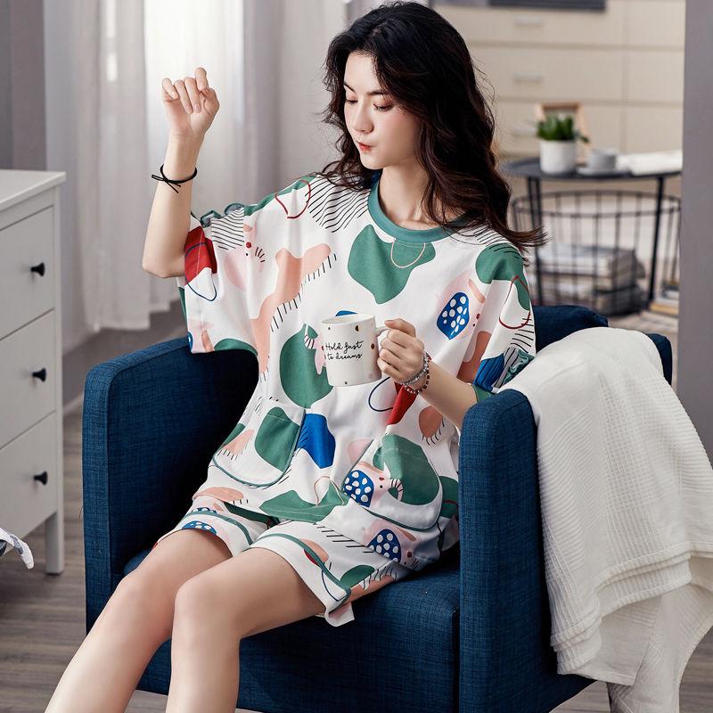 Pajamas women's summer short-sleeved loose-fitting pajamas shorts 100% cotton casual home service