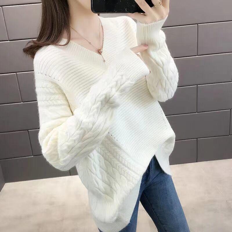 Solid Color Batwing Sleeve V-neck Sweater Autumn and Winter Loose Mid-length Bottoming Shirt