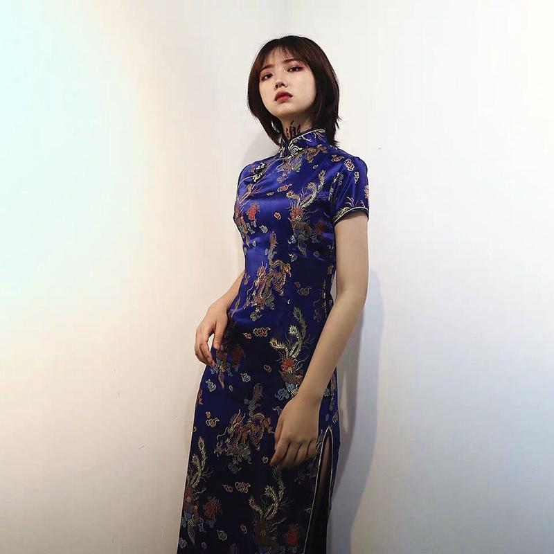 Lady Cheongsam Young Fashion Girl Retro Chinese National Style Long Sexy Dress Dark Black