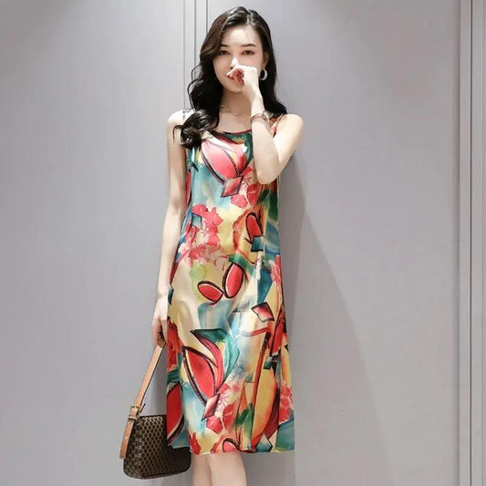 Dress Ice Silk Is Thin Hit Color Printing Bottoming Camisole Mid-length Dress Ladies Sleeveless Mid-length Dress Floral Pattern