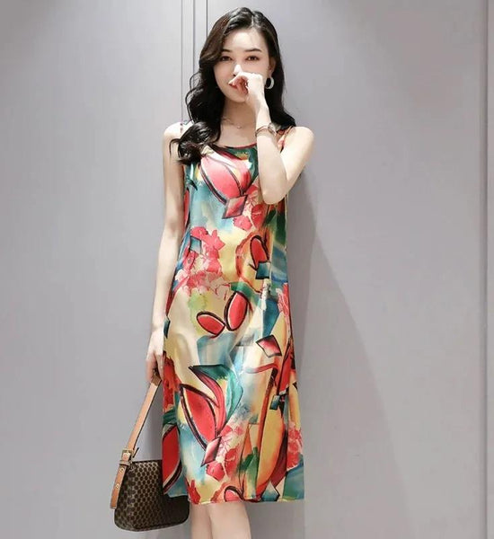 Dress Ice Silk Is Thin Hit Color Printing Bottoming Camisole Mid-length Dress Ladies Sleeveless Mid-length Dress Floral Pattern