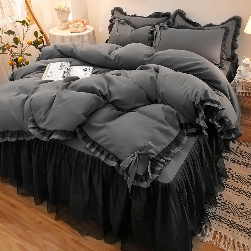 Korean Brushed Bed Skirt Bowknot Four-piece Princess Style Bed Cover Thick Non-slip Lace Bedding