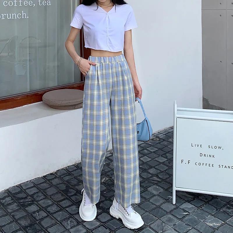 Women Spring Summer Long Pants Vintage High Waist Wide Leg Casual Pants Elastic Waist Loose Plaid Stripe Versatile Streetwear Straight Pants