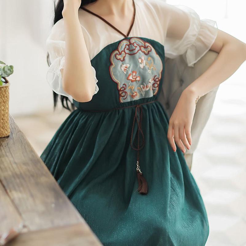 Summer Daily Improved Version of Hanfu Dress Female Embroidery Han Elements Literary Retro Mid-length Skirt Fairy