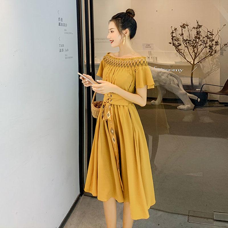 Pofulove Off-the-shoulder Dress Summer Party Dress Retro Chiffon Skirt Long A-line Dress with Belt