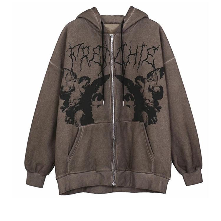 Plus Size Y2K Hoodie Zip-up Sweatshirt Angel Printing Jacket Loose Long Sleeve Pockets Streetwear Hip Hop Men Women Coat Pullover Sweatshirt