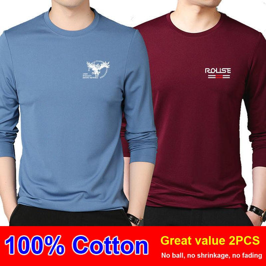 2 pieces of 100% cotton men's long-sleeved T-shirt spring and autumn round neck large size loose print bottoming shirt