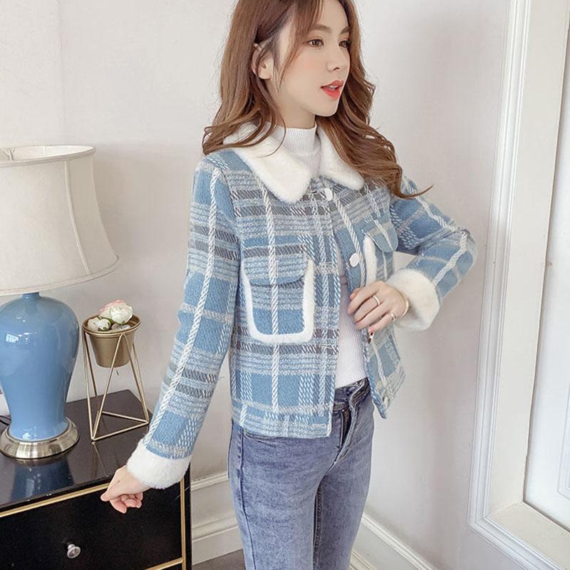 Winter Korean Style Plaid Fur Collar Casual Loose Jacket Women Fashion All-match Straight Short Top