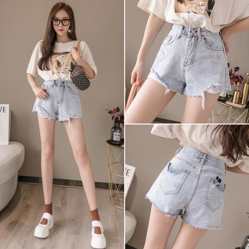 WTEMPO Mickey Denim Shorts Women High Waist Loose A-line Pants Hole Women's Raw Denim Shorts Fashion