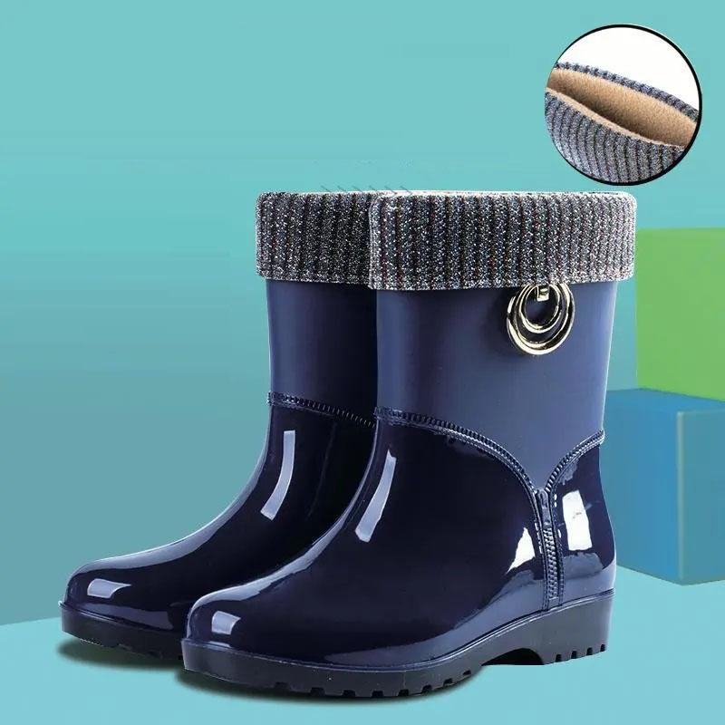 Rain Boots Women's Warm Low-tube Rubber Boots Mid-tube Water Shoes Kitchen Non-slip Rain Boots Plus Velvet Detachable Rubber Shoes