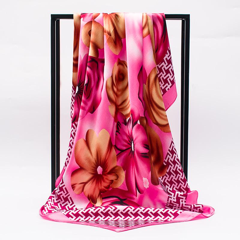 Square Silk Scarf 90*90cm Women Flowers Big Bandana Hijab Head Satin Silk Scarves Shawl