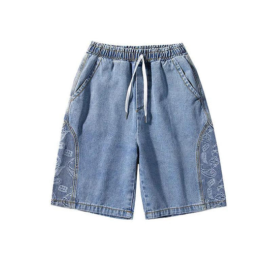 Cashew Flower Denim Shorts Men's Summer Thin Wide-leg Pants Wild Straight Loose Five-point Pants