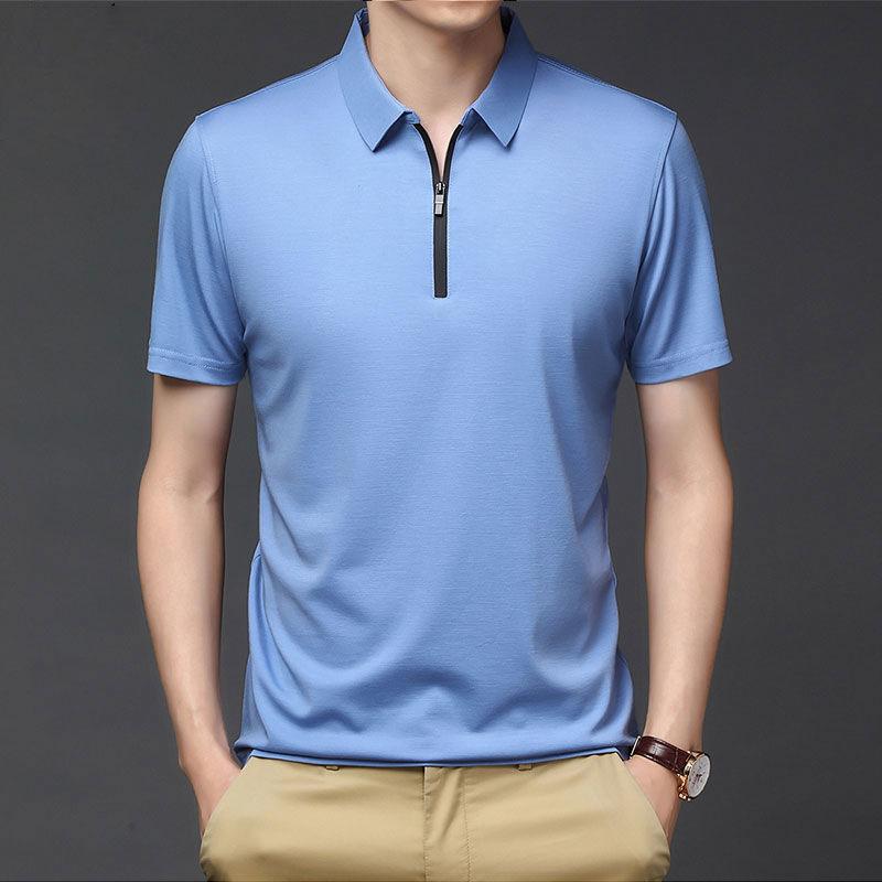 Men's Lapel Zipper T-shirt Solid Color Short-sleeved T-shirt POLO Shirt Middle-aged and Elderly Casual Tops