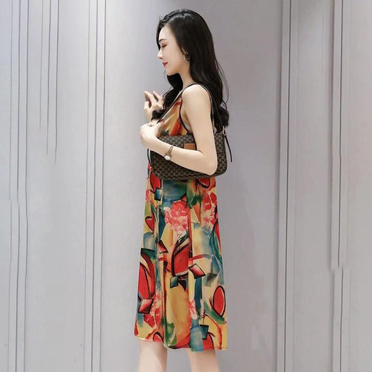 Dress Ice Silk Is Thin Hit Color Printing Bottoming Camisole Mid-length Dress Ladies Sleeveless Mid-length Dress Floral Pattern