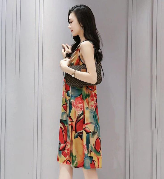 Dress Ice Silk Is Thin Hit Color Printing Bottoming Camisole Mid-length Dress Ladies Sleeveless Mid-length Dress Floral Pattern