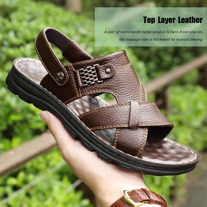 New Summer Top Layer Cowhide Sandals Men's Leather Breathable Beach Shoes Trendy Casual Leather Sandals and Slippers